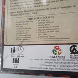 Close-up of the CCC Games Total War: ROME The Board Game (Damaged) box, showing contents—cards, dice, tokens, boards, markers, miniatures—and details: for 1-4 players ages 10+, 180 min playtime. An epic Ancient World game!.