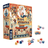 The 3 Ring Circus board game by Devir features a vibrant box with circus performers and a train. Colorful tents, train cars, and animal figures are displayed beside it—ideal for fans of P.T. Barnum’s legendary shows.