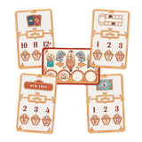 Five illustrated cards with numbers, stars, and icons encircle a vibrant circus board with tokens, elephants, and numbers. One card reads New York in Devir's 3 Ring Circus game inspired by P.T. Barnum.