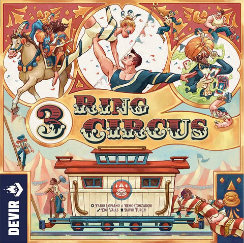 The 3 Ring Circus board game by Devir features an illustrated cover with acrobats, clowns, a horse rider, and an ornate circus wagon, evoking the grand era of P.T. Barnum around bold decorative title text.