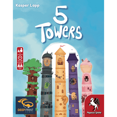 Board game cover for 5 Towers by Kasper Lapp, featuring five vibrant towers against a blue sky. Designed for Pegasus Spiele, this imaginative card game draws attention on any shelf.