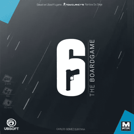 Board game box cover for 6: Siege – The Board Game Kickstarter Bundle by Mythic Games, showing a large white number 6 with a pistol silhouette, game info icons, and Mythic Games’ logo on a dark background.