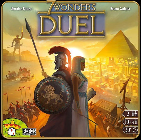 Cover art for 7 Wonders Duel by Repos shows a soldier and an Egyptian queen back to back, with ships, pyramids, and a pharaoh statue in the background. Civilization icons appear on the right.