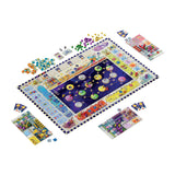 Transgalactica by Devir: a vibrant space-themed board game featuring planets, paths, player boards, cards, dice, and tokens—beautifully set up for four in this cosmic engine-building adventure.