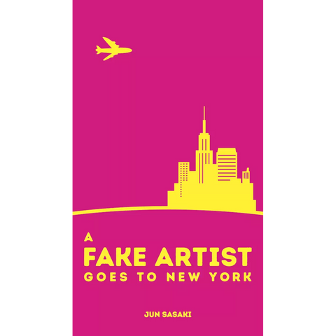 A bright pink cover features yellow text reading "A Fake Artist Goes to New York" by Oink Games, with a yellow city skyline and airplane above—capturing the playful spirit of this unique bluffing game.