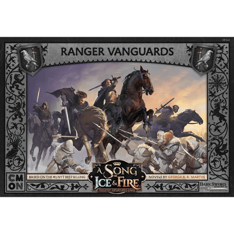 Armored riders on horseback charge ahead with weapons raised, flanked by wolves. Ornate borders frame the Cool Mini Or Not A Song of Ice & Fire Ranger Vanguards miniatures.