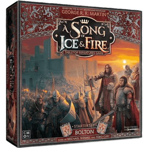 The box cover of the A Song of Ice & Fire Starter Set Bolton by Cool Mini Or Not displays armored House Bolton knights and soldiers before a castle—ideal for Game of Thrones miniatures fans.