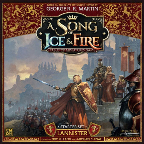Box cover for A Song of Ice & Fire Starter Set Lannister by Cool Mini Or Not, featuring armored Lannister Guardsmen, banners, a mounted knight, and a castle. Title appears at the top.