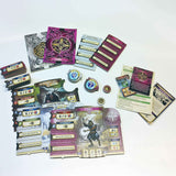 Colorful components from Lautapelit's Agemonia: New Heroes Expansion—including cards, character boards, and punch-out tokens—are arranged on a white surface, ready for your next cooperative board game night.