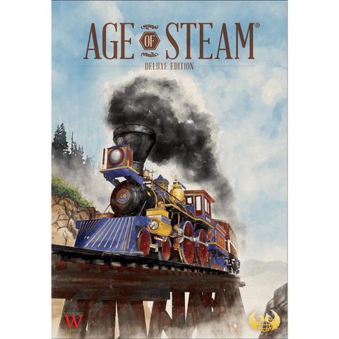 A vintage steam locomotive crosses a wooden bridge with smoke swirling, set among cliffs and blue sky—a scene evoking the epic gameplay of Age of Steam: Deluxe Edition Bundle by Eagle-Gryphon Games. The top text reads AGE OF STEAM DELUXE EDITION BUNDLE.
