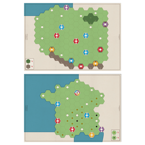 Age of Steam Deluxe: Expansion Maps Hungary & Finland by Eagle-Gryphon Games features two hexagonal maps—one forested, one with water—linked by beige backgrounds. Colored tokens (red, blue, yellow, purple) rest on green and brown tiles.