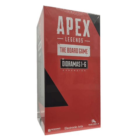 A red rectangular box for the Apex Legends: The Board Game – Dioramas 1-6 Expansion by Glass Cannon Unplugged, with white and black text, Respawn and EA logos, Legend cardholders, and shrink-wrapped packaging.