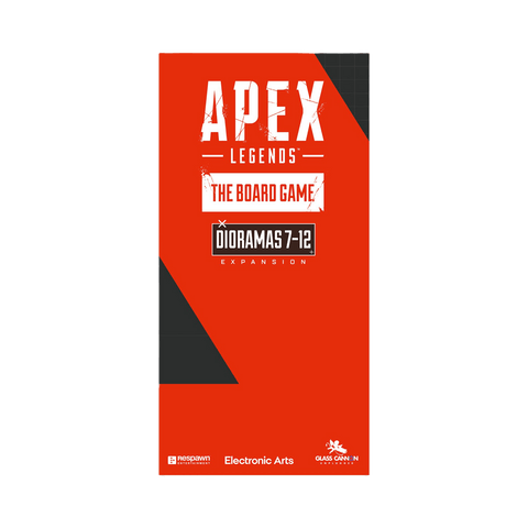 A red rectangular box for Apex Legends: The Board Game – Dioramas 7-12 Expansion by Glass Cannon Unplugged, featuring cardholder dioramas, white and black text, and logos for Electronic Arts and Respawn Entertainment.