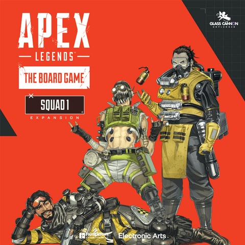 Three Apex Legends characters showcase the Glass Cannon Unplugged Apex Legends: The Board Game – Squad 1 Expansion, featuring a gas-masked fighter in yellow, a tactical character with a skull mask, and an armored hero posed against a red background.