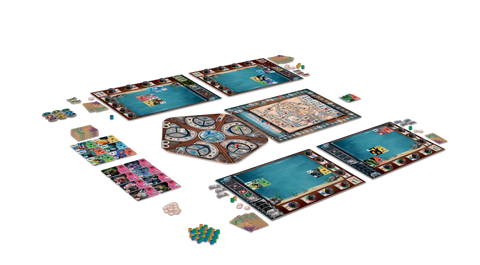 Aquaria by Delicious Games is set up on a white background, featuring four colorful player boards, tokens, dice, cards, and central game boards with underwater and mechanical themes.