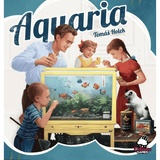A man and three children watch colorful fish in an aquarium while a curious cat paws at fish food on a table. "Aquaria" and Delicious Games are displayed at the top, highlighting this unique aquarium board game.