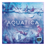 The Aquatica Bundle board game cover by Cosmodrome Games showcases an underwater world with sea creatures, ruins, and sharks in blue and purple hues, evoking the mystery of aquatic kingdoms.