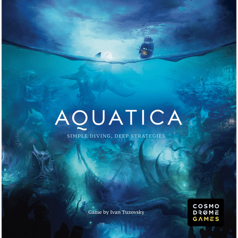 Box cover for Aquatica EN/DE by Cosmodrome Games, featuring an underwater scene with sea creatures, sunken structures, a ship above water, and the tagline "Simple diving, deep strategies." Brand logo in the corner.