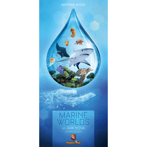 The Ark Nova: Marine Worlds Expansion by Feuerland Spiele features a game box with a large water droplet containing marine animals such as a shark, stingray, octopus, seahorse, and coral.