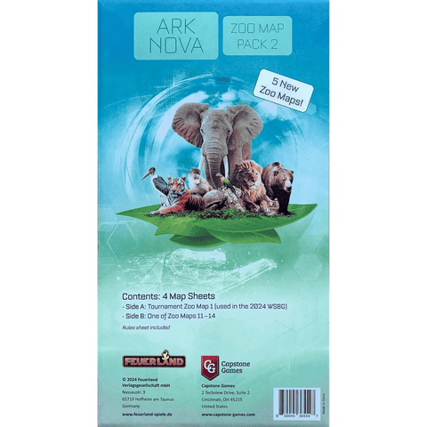 Box cover for Ark Nova: Zoo Map Pack Bundle by Feuerland Spiele, featuring elephant, giraffe, tiger, flamingo, kangaroo, and panda on blue. Showcases 5 new zoo maps with tournament boards plus contents and publisher logos.