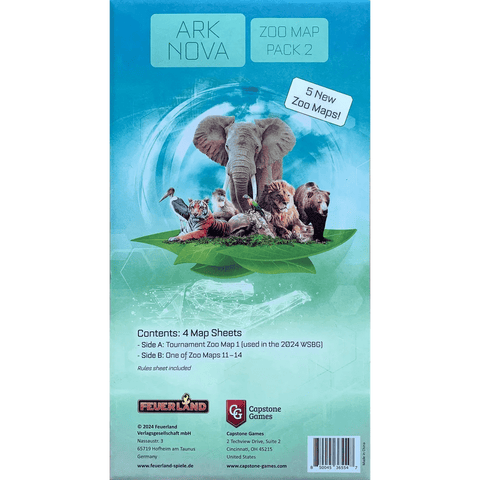 The image shows the back of the Ark Nova: Zoo Map Pack 2 box by Feuerland Spiele, featuring animals like an elephant and cheetah. It highlights 5 new zoo designs and contents, with publisher logos displayed at the bottom.