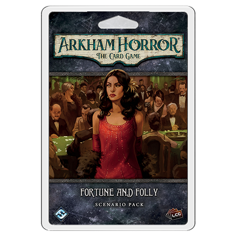 Arkham Horror: The Card Game: Fortune and Folly Scenario Pack by Fantasy Flight Games features a woman in red at the center of a dramatic casino heist, with guests seated at tables behind her.