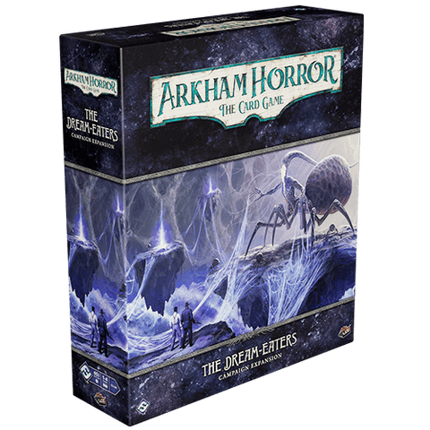 The Arkham Horror: The Card Game The Dream-Eaters Campaign Expansion by Fantasy Flight Games features two figures facing a giant spider and web in a purple-blue surreal landscape, ready for new scenario cards.