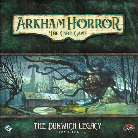 Cover art for Fantasy Flight Games' Arkham Horror: The Card Game: The Dunwich Legacy Expansion shows a nightmarish creature by a bridge and house in a misty, eerie landscape, evoking Miskatonic University’s haunting mysteries.