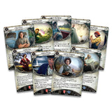 This set includes eight illustrated character cards from Fantasy Flight Games’ Arkham Horror: The Card Game – The Feast of Hemlock Vale Campaign Expansion, each with unique portraits, names, stats, and abilities.