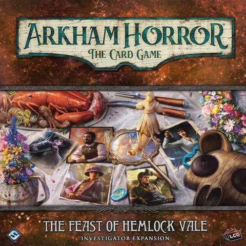 Box cover for Arkham Horror: The Card Game The Feast of Hemlock Vale Investigator Expansion by Fantasy Flight Games. A lavish table with food, flowers, and masks surrounds a wooden figure, evoking the mystery of the Edge of the Earth campaign.