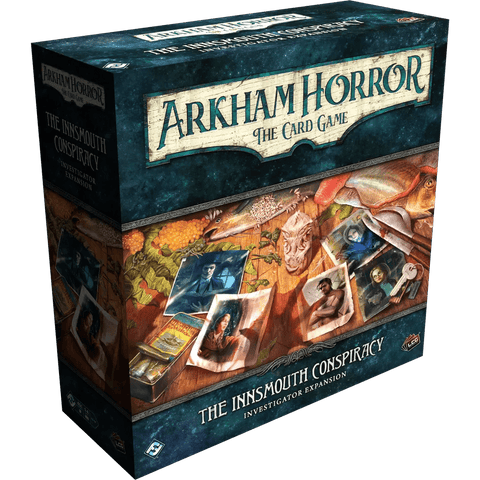 The Arkham Horror: The Card Game: The Innsmouth Conspiracy Investigator Expansion by Fantasy Flight Games features striking cover art, with investigator cards, maps, and clues displayed across a table.