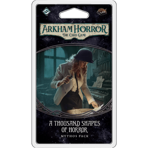 Arkham Horror: The Card Game – A Thousand Shapes of Horror: Mythos Pack by Fantasy Flight Games features a woman in period clothing investigating a desk with a flashlight.