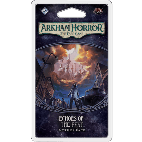 The Arkham Horror: The Card Game – Echoes of the Past: Mythos Pack by Fantasy Flight Games features a cover with a detective looking at a glowing mansion above shadowy city streets and an old car.