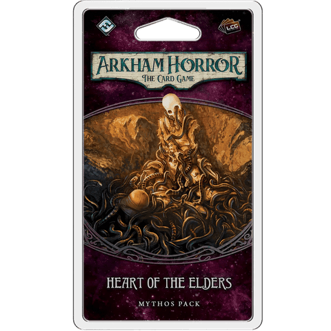 The Arkham Horror: The Card Game – Heart of the Elders: Mythos Pack by Fantasy Flight Games features a skeletal, masked figure surrounded by shadowy tentacles in a sinister mountain setting.