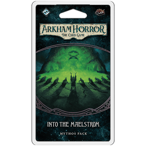 The Arkham Horror: The Card Game – Into the Maelstrom: Mythos Pack by Fantasy Flight Games features a dark, eerie design with shadowy figures reaching toward a glowing green face, perfectly capturing the Innsmouth Conspiracy cycle’s mood.