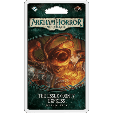 The packaging for Fantasy Flight Games’ Arkham Horror: The Card Game – The Essex County Express: Mythos Pack showcases the Dunwich Legacy, with a tentacled monster attacking a train and the product name framing the dramatic artwork.