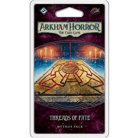 The image displays the packaging for Fantasy Flight Games' Arkham Horror: The Card Game – Threads of Fate: Mythos Pack, featuring a mysterious stone altar marked with a red symbol, glowing candles, and a cosmic background.