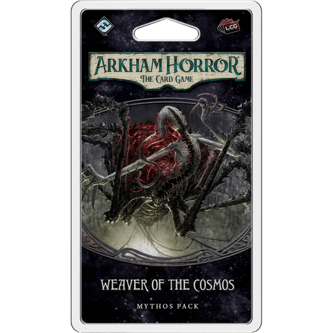 The image displays packaging for Fantasy Flight Games' Arkham Horror: The Card Game – Weaver of the Cosmos: Mythos Pack, depicting a monstrous multi-legged spider with glowing red markings at its center.