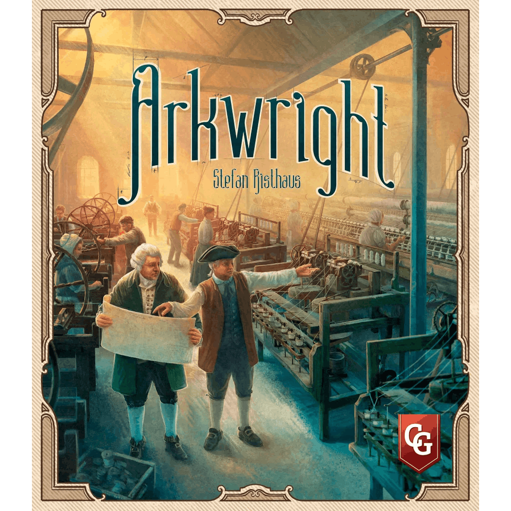 An 18th-century factory scene features two men discussing blueprints amid bustling machinery and workers, capturing the world of Capstone Games’ "Arkwright Anniversary Edition." The game's title appears at the top.