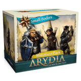 A box labeled Arydia: The Paths We Dare Tread Bundle by Far Off Games features illustrated fantasy characters—a dwarf with a shield, an elf with a bow, and a cat-like bard with a lute—from the Arydia board game.