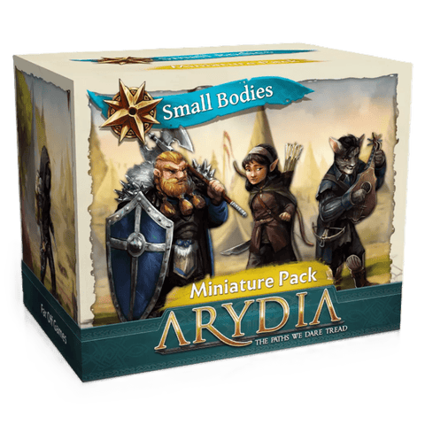 Box for Arydia: The Paths We Dare Tread Small Bodies Miniature Pack by Far Off Games, featuring illustrated fantasy miniatures of an armored dwarf, a staff-wielding elf, and a cat bard playing a lute.