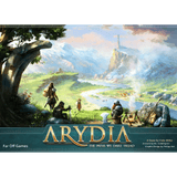 The box for Arydia: The Paths We Dare Tread by Far Off Games features adventurers gazing over a vibrant valley with rivers, forests, and a distant tower, with the game title displayed at the bottom.