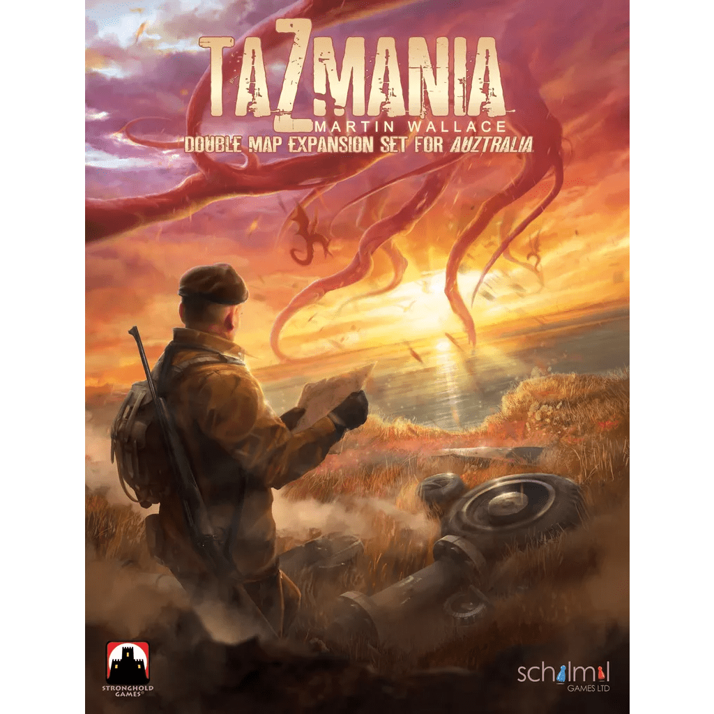 A person in outdoor gear stands in a grassy field at sunset, holding a map, as giant tentacles rise from clouds above distant mountains. Text: AuZtralia Bundle by SchilMil Games.