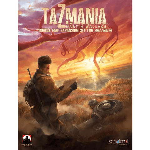 A person in outdoor gear stands in a grassy field at sunset, holding a map, as giant tentacles rise from clouds above distant mountains. Text: AuZtralia Bundle by SchilMil Games.