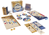 Azul Duel NL/FR by Next Move Games for 2 players features a game box, player boards, scoring boards, Sintra tiles, tokens, a cardboard tower, and a decorative drawstring bag—all displayed on a white background.