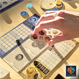 A hand holds hexagonal tokens over a vibrant board for Azul Duel NL/FR by Next Move Games, with score tracks, circular tokens, and coins—ideal for fans of tegelspel 2 spelers or an Azul Duel atmosphere. The Next Move Games logo appears bottom right.