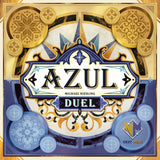 The box of Azul Duel NL/FR by Next Move Games displays gold and blue tile art inspired by Sintra tegels, with coins and a white-blue title banner. The Next Move Games logo appears bottom right. Perfect tegelspel voor 2 spelers!.