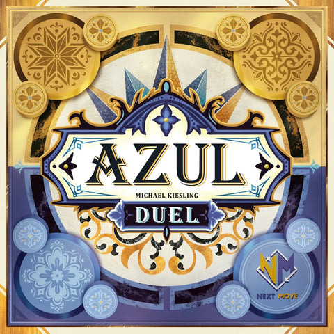 The cover of Azul Duel by Next Move Games displays bold decorative blue and gold tiles, intricate patterns, the game title centered prominently, and the Next Move Games logo in the lower right corner.