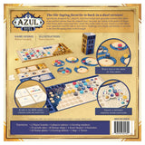 Back of Azul Duel by Next Move Games displays vibrant components, boards, and tokens. Text highlights the strategic 2-player tile drafting gameplay, features, contents list, designer info, play steps, and shows the front of the box.