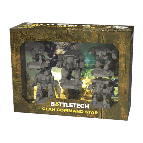 The BattleTech: Clan Command Star Expansion by Catalyst Game Labs includes five unpainted miniatures, MechWarrior pilot cards, and Alpha Strike cards. Figures are visible in a rugged, metallic box with yellow branding.